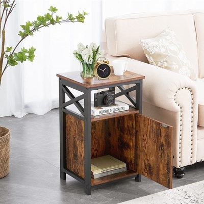 Metal Frame Industrial Bedside Cabinet MDF Brown Wood Nightstand