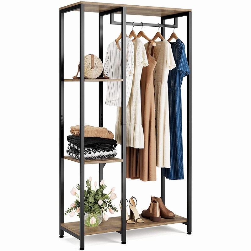 Rustic Metal Wood clothes storage racks Wardrobe Hall Tree For Bedroom