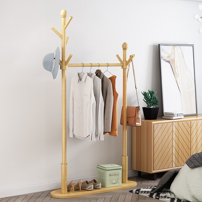 Multifunctional Bamboo Coat Wooden Clothes Hanger Stand Double Pole