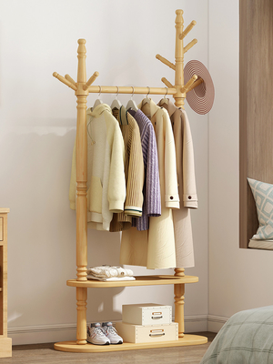 2 Tier Heavy Duty Modern Dress Hanger Stand Pine Wood Freestanding Clothes Rack