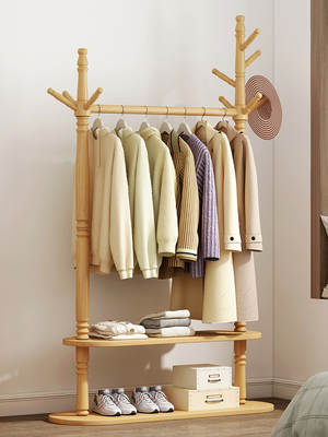 OEM Indoor Double Layer Simple Coat Rack Hanger Stand Floor Standing Solid Wood