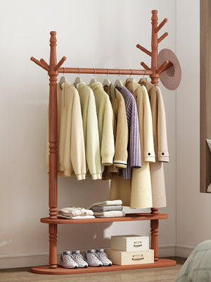 OEM Indoor Double Layer Simple Coat Rack Hanger Stand Floor Standing Solid Wood