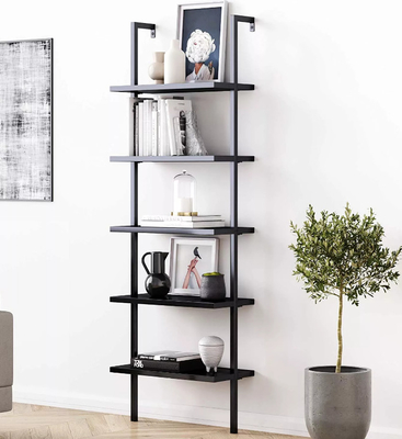 Living Room Black 5 Tier Metal And Wood Book Shelves MDF Board