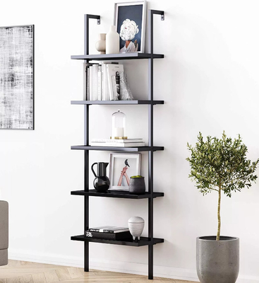 Living Room Black 5 Tier Metal And Wood Book Shelves MDF Board