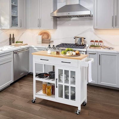 MDF Top Kitchen Island Trolley Cart With Open Storage Shelves Cabinets