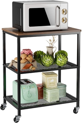 Wood And Stainless Steel Moveable Rolling Small Microwave Cart Trolley For Utility Storage