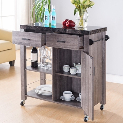 OEM Wood Rolling Kitchen Island On Wheels 360° Rotating With Double Drawers