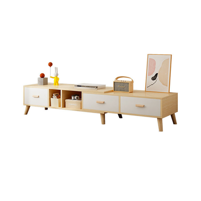 Extendable Veneer TV Console Cabinet Long Media Console 3 Drawers Simple Style