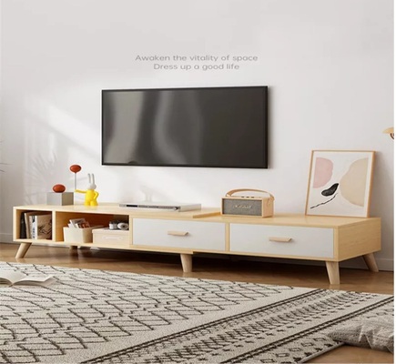 Extendable Veneer TV Console Cabinet Long Media Console 3 Drawers Simple Style