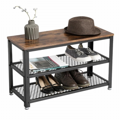 Metal Frame Entryway Bamboo 2 Tier Wooden Shoe Rack Bench With Seat