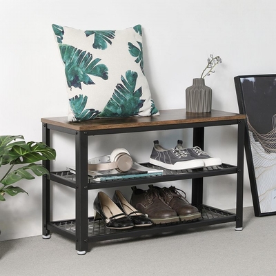 Metal Frame Entryway Bamboo 2 Tier Wooden Shoe Rack Bench With Seat