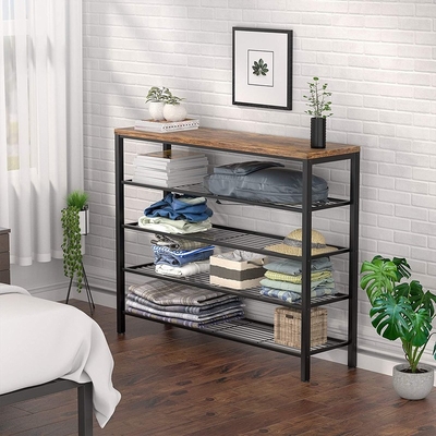Rustic Large 5 Tier Metal 18 Pair Shoe Rack Unit With Wood Board