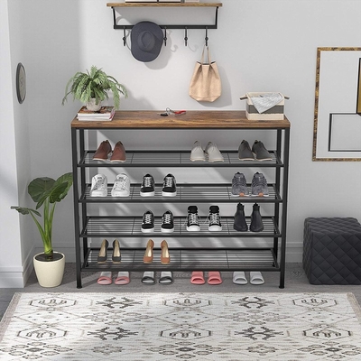 Rustic Large 5 Tier Metal 18 Pair Shoe Rack Unit With Wood Board
