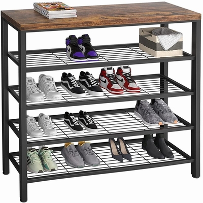 Rustic Large 5 Tier Metal 18 Pair Shoe Rack Unit With Wood Board