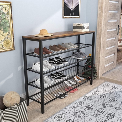 Rustic Large 5 Tier Metal 18 Pair Shoe Rack Unit With Wood Board