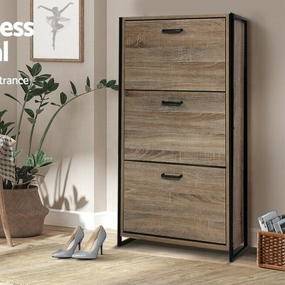MDF Wooden 3 Tiers Flip Down Shoe Rack Furniture Organizer Cabinet For Home