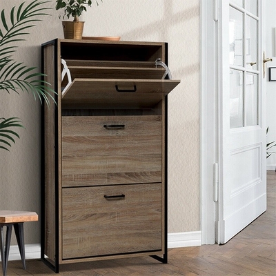 MDF Wooden 3 Tiers Flip Down Shoe Rack Furniture Organizer Cabinet For Home