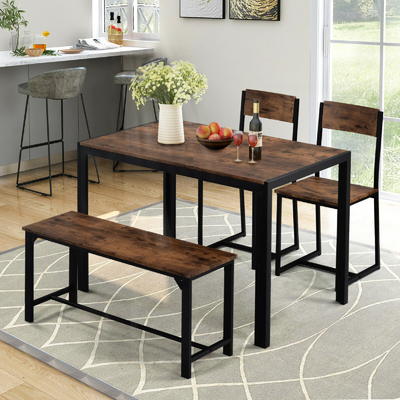Customized Wood Metal Dining Table With Bench And Chairs For Restaurant