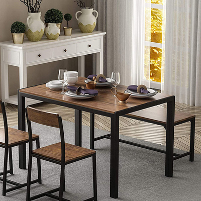 Customized Wood Metal Dining Table With Bench And Chairs For Restaurant