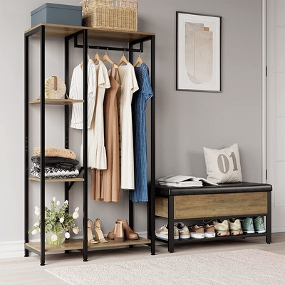 Rustic Metal Wood clothes storage racks Wardrobe Hall Tree For Bedroom Apartment