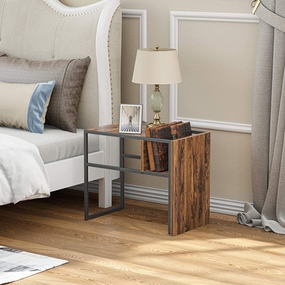 C Shaped Reversible Metal Frame Fir Timber Bedside Table Nightstand With Shelf