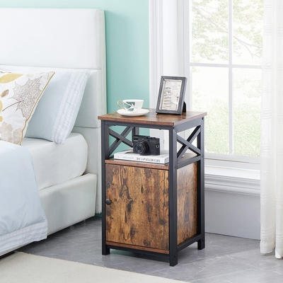 Metal Frame Industrial Bedside Cabinet MDF Brown Wood Nightstand