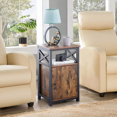 Metal Frame Industrial Bedside Cabinet MDF Brown Wood Nightstand