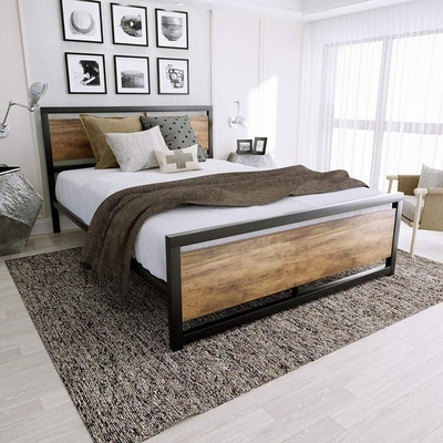 Roydom Wooden Metal Furniture Full Size Iron Bed Frame With Wood Headboard